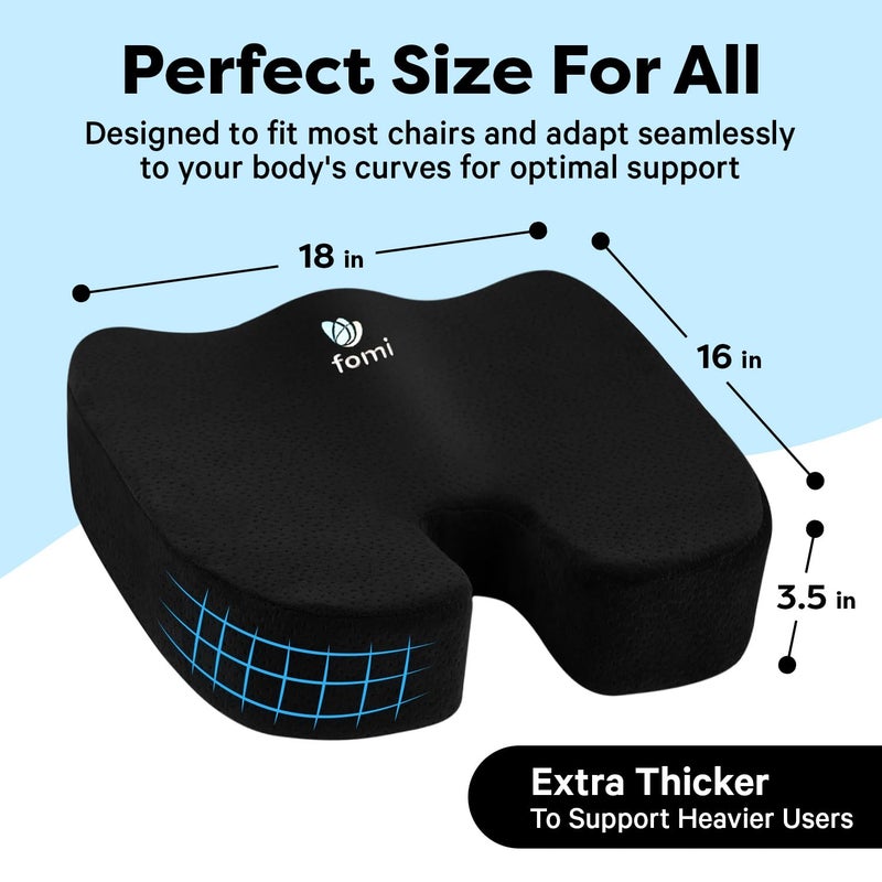 FOMI Extra Thick Firm Coccyx Orthopedic Memory Foam Seat Cushion | Black Large Cushion for Car or Truck Seat, Office Chair, Wheelchair | Back Pain Relief (Black) - Image 2